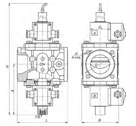 Клапаны электромагнитные ВН1½В-0,2П, ВН2В-0,2П трехпозиционные фланцевые с одним регулятором расхода и датчиком положения